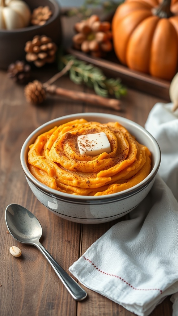 Creamy mashed sweet potatoes in a bowl, garnished with cinnamon and butter, on a rustic table.